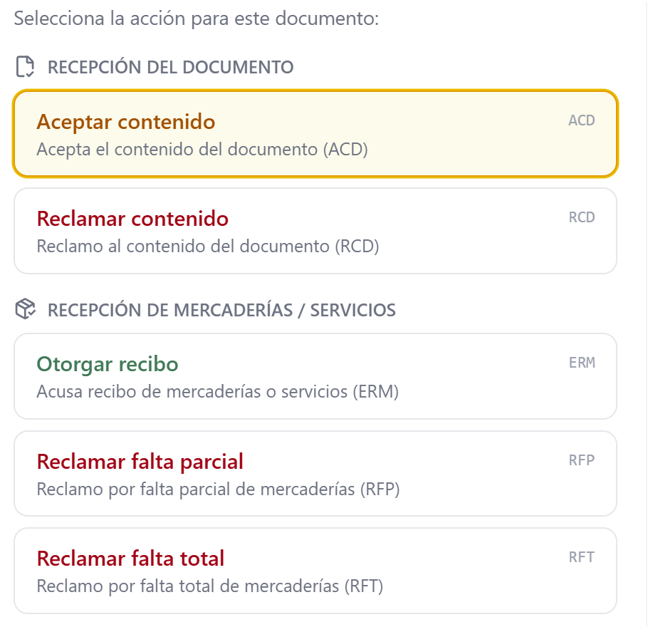 Panel de aceptar o reclamar un documento recibido en SkillDTE: las cinco acciones legales, el certificado a usar y el aviso de plazo de 8 días