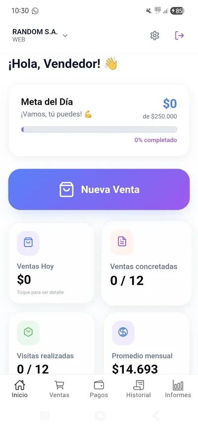 Pantalla de inicio de Ramaflex Móvil IA al empezar el turno: la meta del día con su avance, las ventas concretadas y las visitas realizadas sobre el total planificado, y el promedio mensual del vendedor