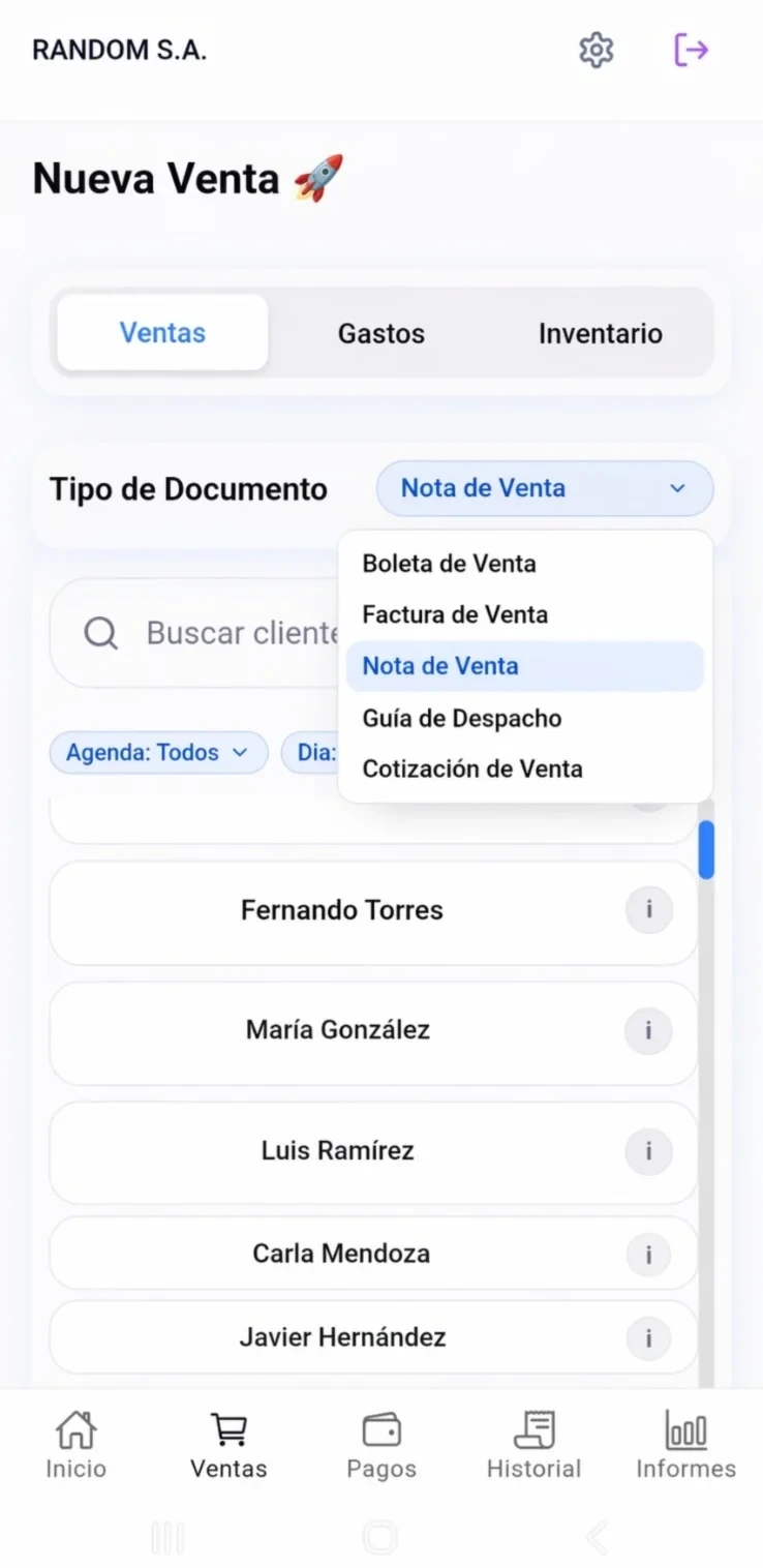 App de Ramaflex Móvil IA en una venta nueva: las pestañas de ventas, gastos e inventario, el selector de tipo de documento —boleta, factura, nota de venta, guía de despacho o cotización— y la cartera de clientes del vendedor
