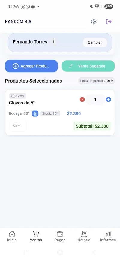App de Ramaflex Móvil IA con el pedido del comercio en pantalla: el botón de venta sugerida, la lista de precios que le corresponde al cliente y, en cada producto, la bodega, el stock real del ERP y el subtotal
