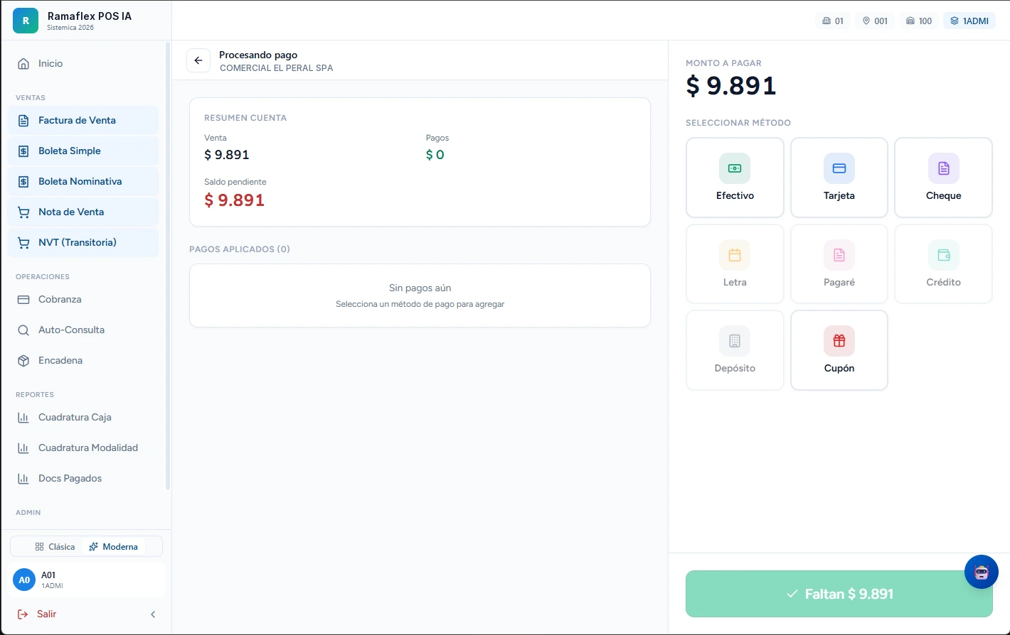 Pantalla de pago de Ramaflex POS IA: el resumen de la cuenta con la venta, lo pagado y el saldo pendiente, junto a los ocho métodos de pago disponibles —efectivo, tarjeta, cheque, letra, pagaré, crédito, depósito y cupón—