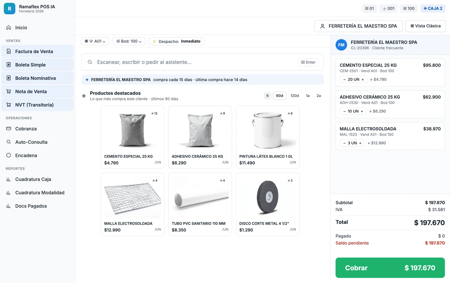 Pantalla del punto de venta de Ramaflex POS IA: el cliente identificado con su frecuencia de compra, los productos que más lleva en los últimos 90 días y el carro con el total a cobrar