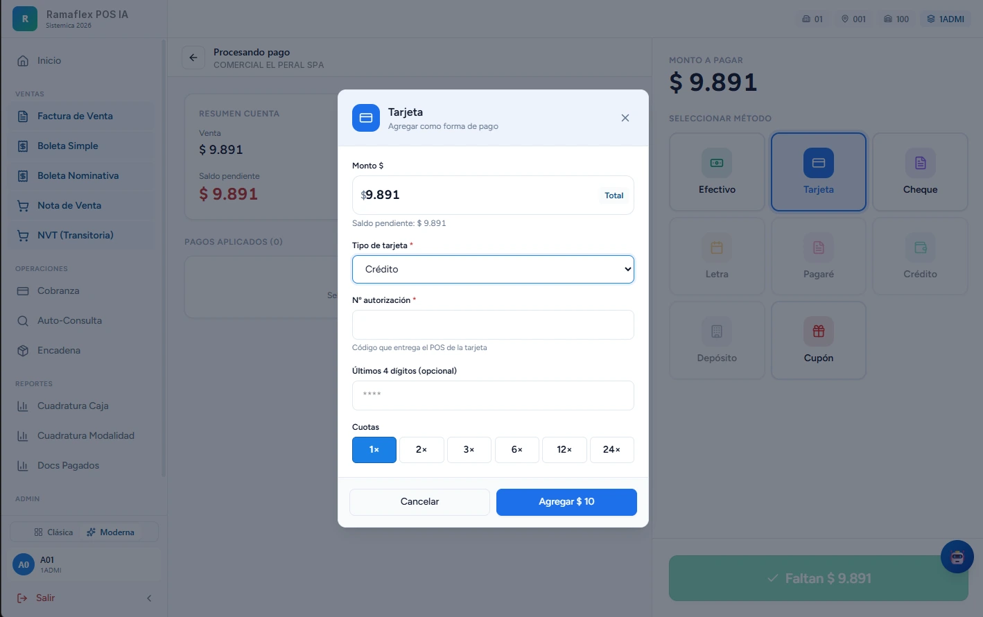 Formulario de pago con tarjeta en Ramaflex POS IA: monto, tipo de tarjeta, número de autorización del terminal, últimos cuatro dígitos y selector de cuotas de una a veinticuatro